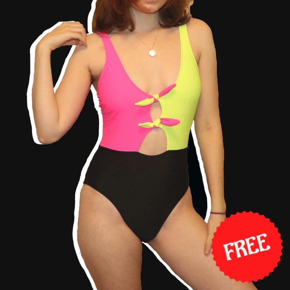 80s styled neon and black swim suit